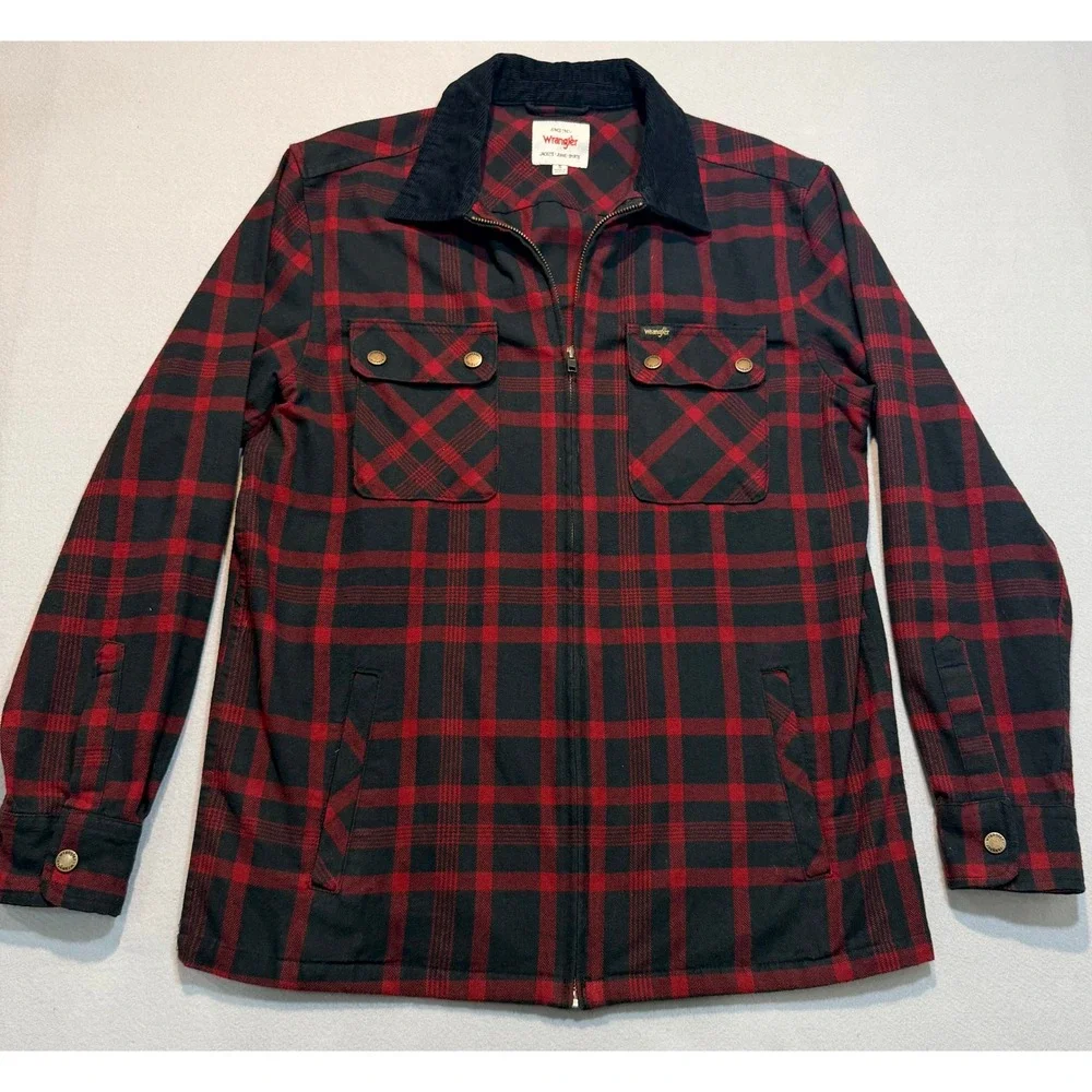 Wrangler Mens Shirt Jacket Red Black Plaid Full Zip Corduroy Collar Small‎